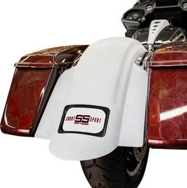 BAGGERNATION Swoop Short Sport Rear Fender with black plate frame mounted on motorcycle body, close-up view.