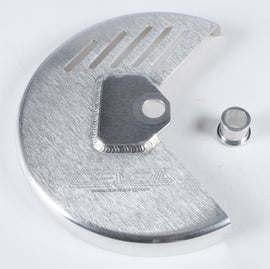 DEVOL front disc guard for bike, showing protective metal and mounting brackets, designed to shield brake discs during rides.