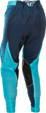 Load image into Gallery viewer, Fly Racing women's Lite pants in aqua, navy, and white with a fitted design, size 0/02, suitable for active riding or motocross.