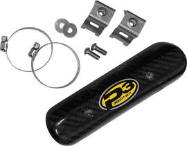 P3 brand heat shield made of carbon fiber for 5-inch universal exhaust, with a sleek black finish and mounting brackets.