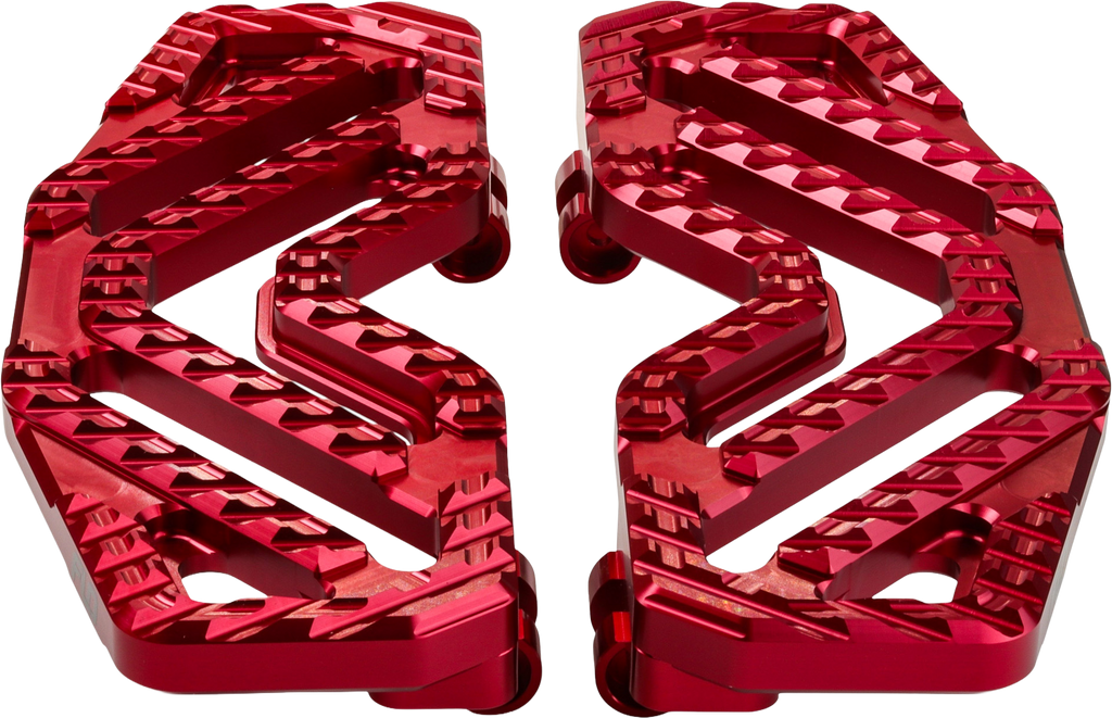 Red FLO MOTORSPORTS Savage Floorboards foot controls for motorcycles, featuring textured surface and sturdy metal construction.