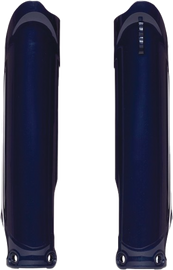 Blue POLISPORT fork guards for Yamaha bikes, made of durable body material, shown attached to motorcycle forks.