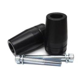 Black SHOGUN Frame Sliders for body protection, no cut design, visible mounted on motorcycle frame in the image.
