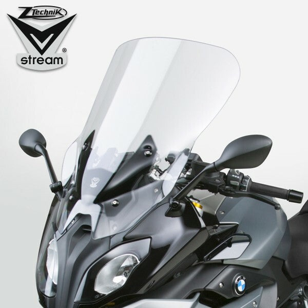 Tall clear Vstream windscreen for BMW motorcycles, designed for optimal wind protection and aerodynamic performance.