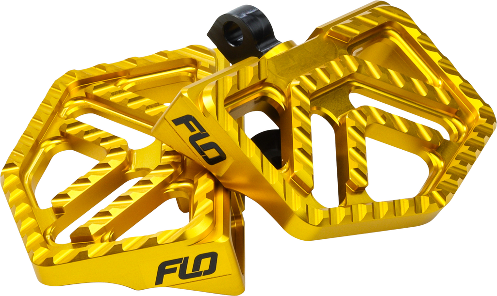 FLO MOTO Savage Miniboards Gold foot controls with gold finish and black mounting plates for motorcycle riding.