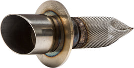 YOSHIMURA Spark Arrestor RS-3 Monkey Insert installed in motorcycle exhaust for enhanced performance and noise reduction.