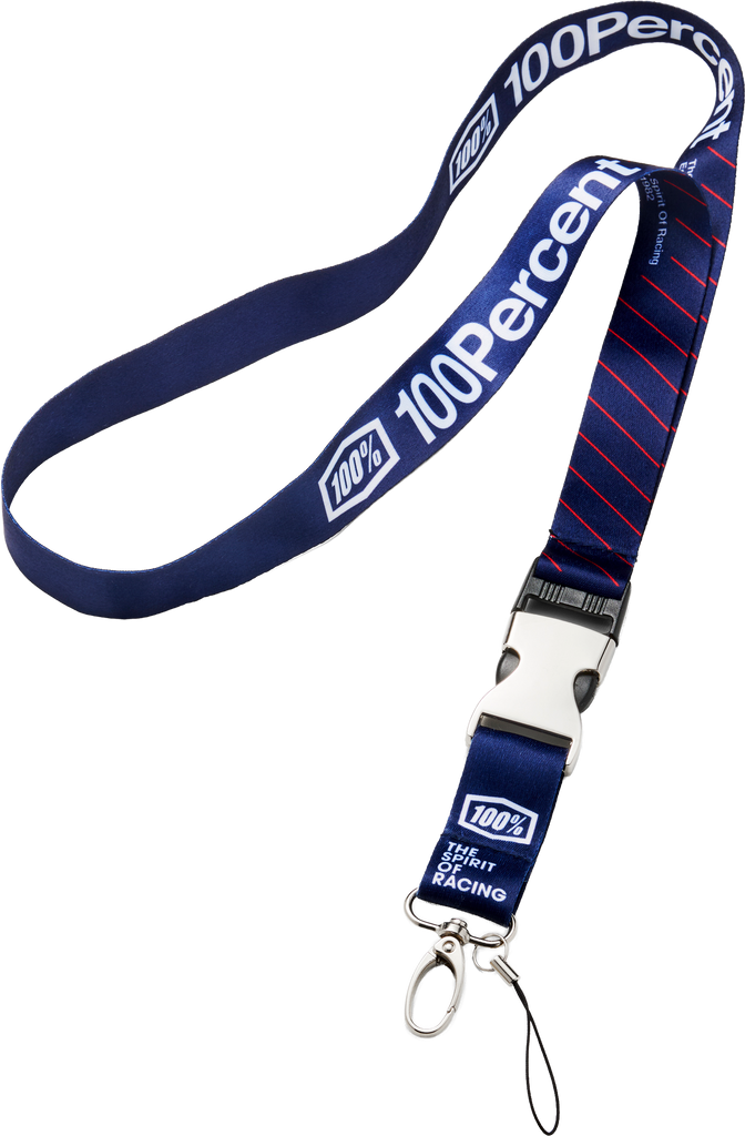 Red and blue 100 Percent lanyard, 100% accessories, durable fabric with branding details, suitable for holding ID badges or keys.
