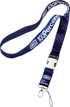 Load image into Gallery viewer, Red and blue 100 Percent lanyard, 100% accessories, durable fabric with branding details, suitable for holding ID badges or keys.