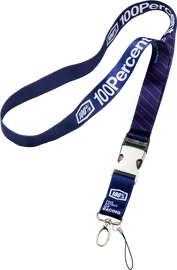 Red and blue 100 Percent lanyard, 100% accessories, durable fabric with branding details, suitable for holding ID badges or keys.