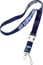 Red and blue 100 Percent lanyard, 100% accessories, durable fabric with branding details, suitable for holding ID badges or keys.