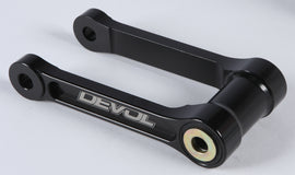 DEVOL suspension lowering link for bikes, showing the metal component with adjustable fittings and mounting points.