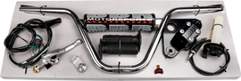 Black BBR H Bar Triple Clamp Kit for handlebars, shown installed on a motorcycle with close-up view of the clamp assembly.