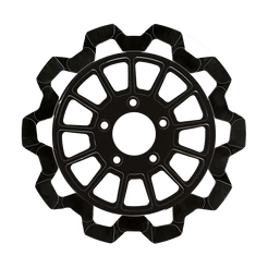 Lyndall Racing 13-spoke black brake rotors for Harley Davidson models, featuring a bow tie design and high-performance braking system.