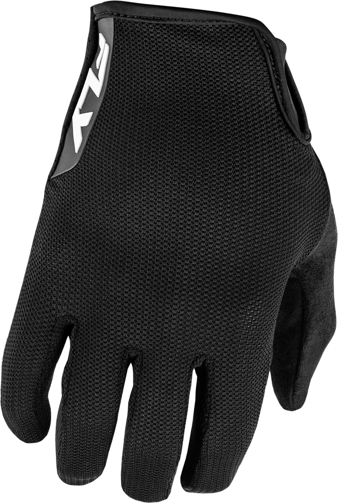 Black FLY RACING Mesh Gloves featuring breathable mesh fabric and secure wrist closures for motorcycle riding comfort.