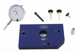 Jims Flywheel Runout Gauge Tool for engine, showing a precision metal measurement tool with a dial indicator attached.