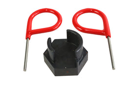 Jims Cam Chain Unloader Tool for engine maintenance, shown in use with automotive timing chain components.