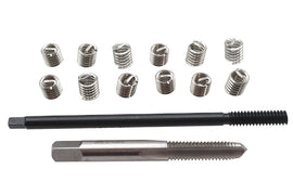 Helicoil engine thread repair kit with tools and inserts for fixing damaged engine threads in automotive applications.