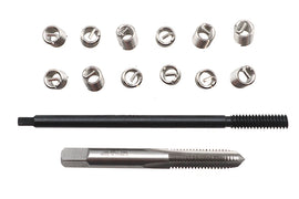 Helicoil engine thread repair kit with tools and inserts for repairing damaged engine threads in automotive applications.