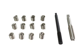 Helicoil engine thread repair kit with tools and inserts for repairing damaged threads in automotive engine components.