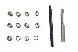 Helicoil engine thread repair kit with various tools and inserts for repairing damaged engine threads.