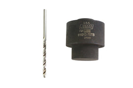 Jims Cam Bushing Drill Jig Tool for engine repair, showing the metal jig with drill guide in use for precise bushing installation.