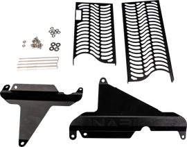 Black Kaw KX450 radiator guard by UNABIKER, durable protective brace for motorcycle radiators, shown in a close-up view.