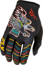 Load image into Gallery viewer, Fly Racing Lite Americana gloves in black, red, and gold with padded palms and adjustable wrist straps for motocross riding.