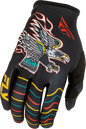 Fly Racing Lite Americana gloves in black, red, and gold with padded palms and adjustable wrist straps for motocross riding.