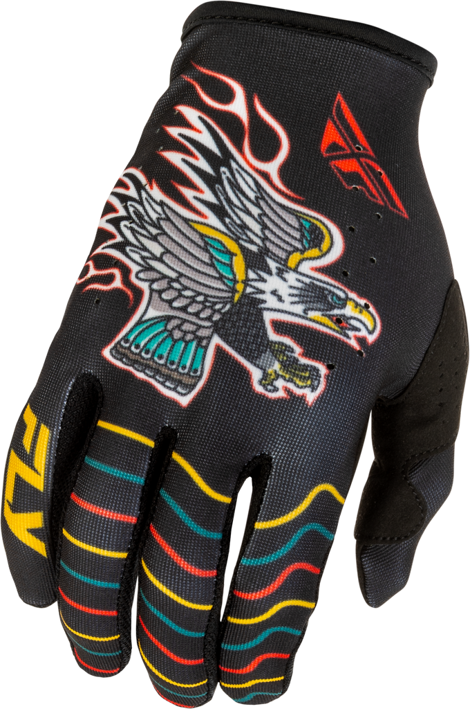 Fly Racing Lite Americana gloves in black, red, and gold with padded palms and adjustable wrist straps for motocross riding.