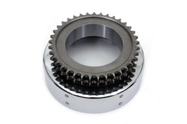Chrome Kick Start Clutch Drum for drive line by York, showing the shiny metal surface with detailed grooves and mounting points.