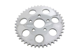 Chrome 43-tooth rear sprocket for drive line by York, showing the metal sprocket with teeth and mounting hole details.