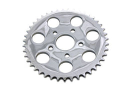 Chrome 43-tooth rear sprocket for drive line by York, showing the shiny metal gear with teeth and mounting hole details.