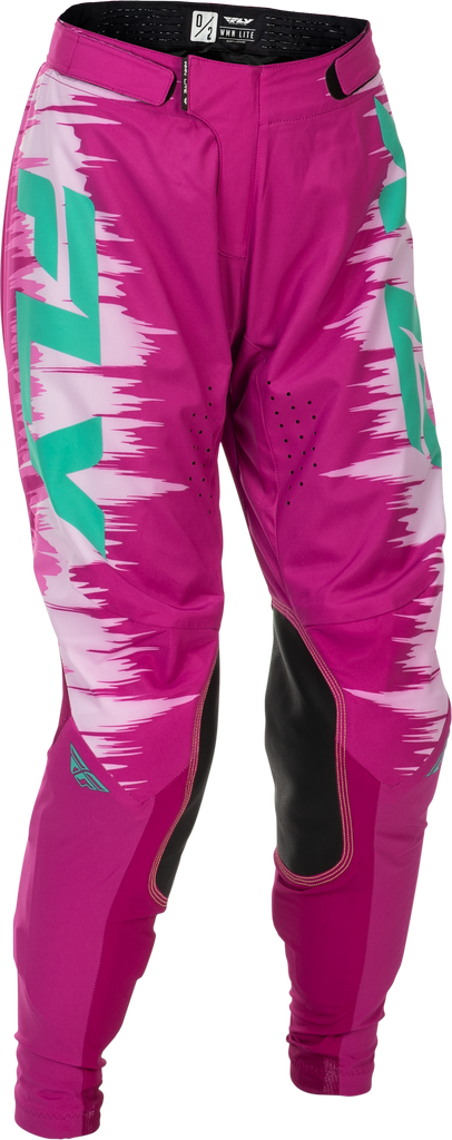Fly Racing women's Lite pants in pink and turquoise, size 0/02, featuring lightweight, breathable motocross-style pants.