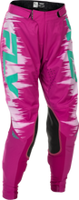 Load image into Gallery viewer, Fly Racing women's Lite pants in pink and turquoise, size 0/02, featuring lightweight, breathable motocross-style pants.