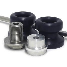 Black front axle sliders for motorcycle body protection, branded SHOGUN, shown installed on a bike in the image.