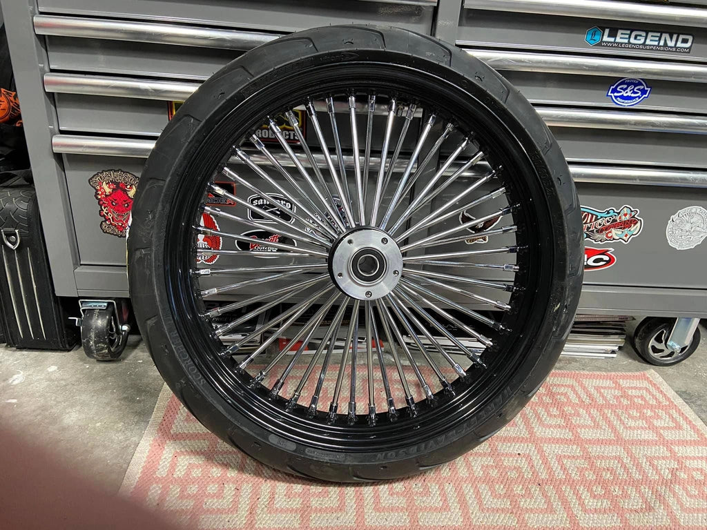 BIG SPOKE FRONT WHEEL/TIRE PACKAGE BLACK/CHROME 21X3.5" HARLEY MODELS 00-08 - The Speed Shop Canada