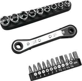 Performance Tool 21 Pc. Offset Ratcheting Driver set with various bits for versatile fastening and driving tasks.
