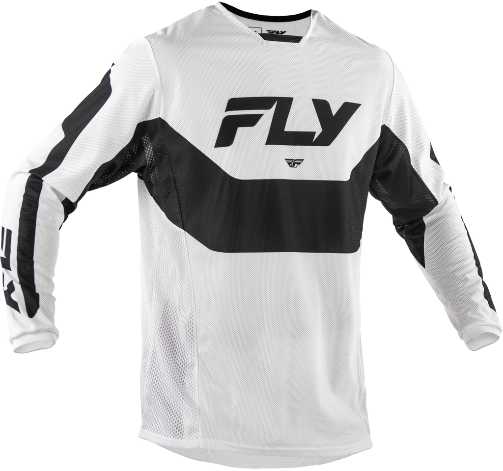 Fly Racing Kinetic Mesh Jersey in white and black, men's motocross jersey with breathable mesh fabric for riding comfort.