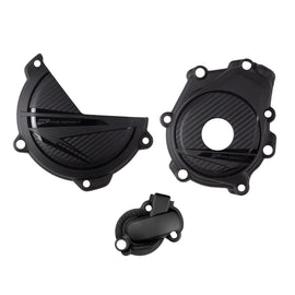 Black KTM and Husqvarna engine protection guards by Polisport, mounted on motorcycle engine for added safety and durability.