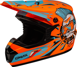 GMAX Youth MX 46Y Unstable helmet in hi-vis orange and blue with aerodynamic design and adjustable chin strap.