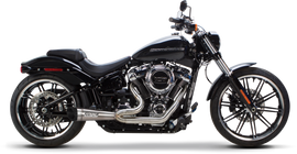TBR TBRComp S 2-1 Softail exhaust with turnout brushed finish installed on a motorcycle, showcasing the sleek, polished design.