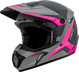 GMAX Youth MX 46Y Cyclus helmet in matte grey and pink, featuring a secure strap and aerodynamic design for young motocross riders.