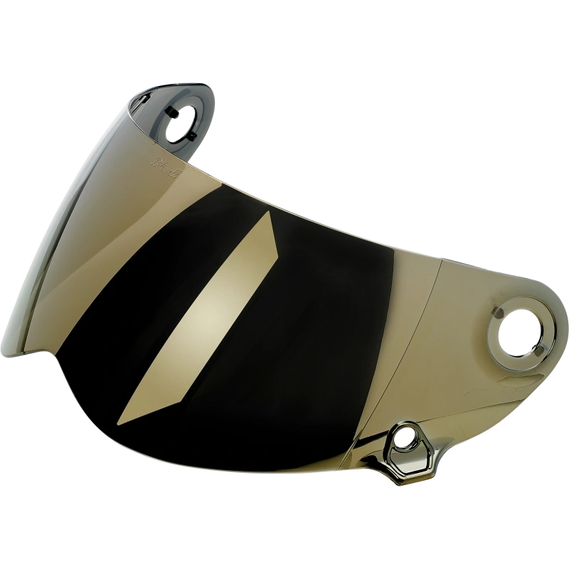 Biltwell Lane Splitter Gold Mirror helmet with reflective visor and sleek black design, detailed close-up view.