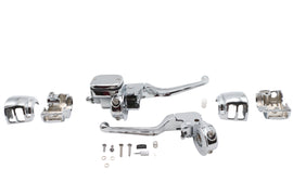 Chrome Ultima handlebar control kit with switches and mounting hardware for motorcycle handlebars, designed for easy installation.