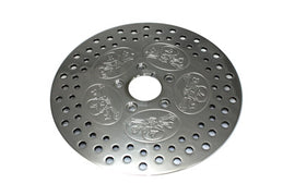 Polished Edart 11.5-inch front brake disc with a skull design, showcasing detailed metal craftsmanship and ventilated structure.