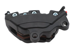 Black Edart rear 4-piston brake caliper with detailed machining, designed for high-performance bicycle braking systems.