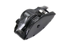 Black Edart rear 1 piston banana brake caliper with bullseye design, showcasing its sleek finish and mounting features.