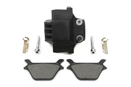 Edart black 1 piston rear brake caliper for motorcycle with visible mounting hardware and piston components.