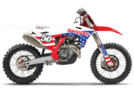 D-COR gasgas MC 125 and 450 graphics kit with white decals for GasGas motorcycle, featuring detailed design and branding elements.