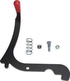 WARN ATV plow latch lever shown in close-up, with metal construction and handle for securing the plow attachment.